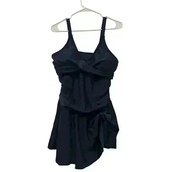 Navy Tummy Control V-Neck Ruched Tie Knot Skirt Swimdress Swimsuit NWT Size XL - Picture 3 of 10